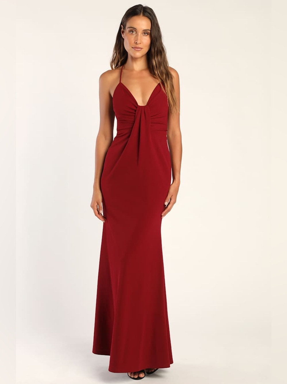 NWT Lulus Thoughts of Romance Wine Red Lace-up Mermaid Maxi Dress